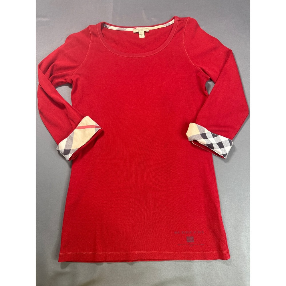 Burberry Brit Red Scoop Neck 3/4 Sleeve Top Nova Check Cuffs Size L